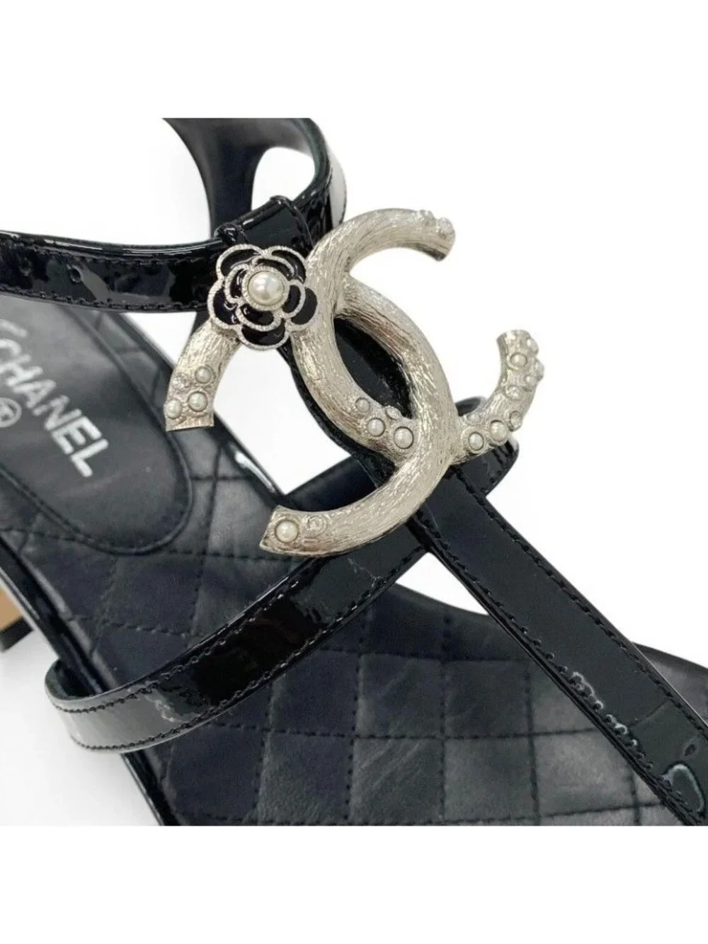 Chanel Sandals Shoes Patent Black Silver CC Logo Camellia Strap Thong